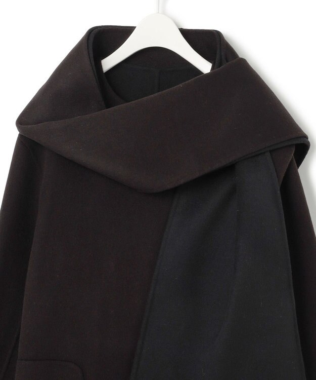 ICB L ウールリバー ストール付きノーカラーコート バーントブラウン×ブラック系