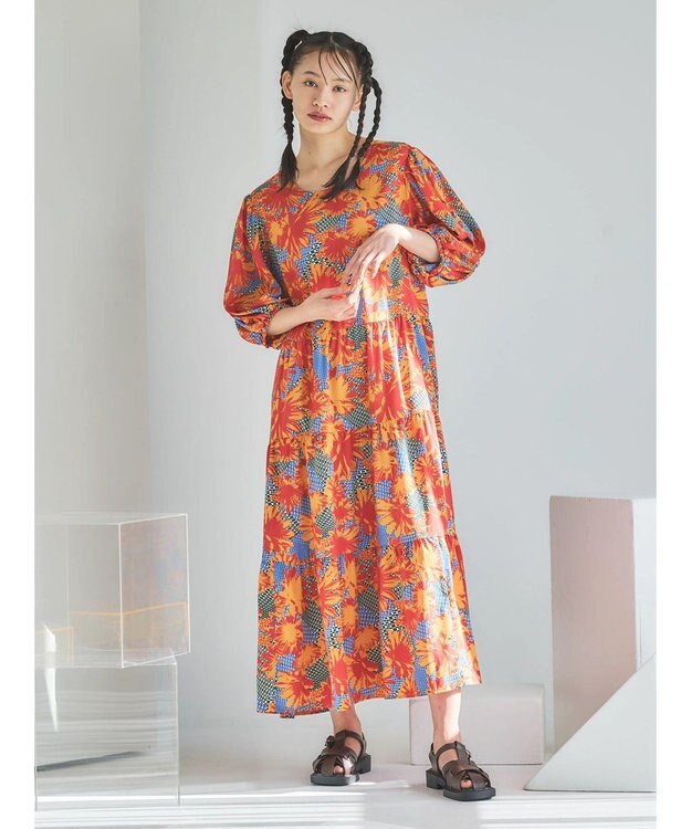 Green Parks ■ＥＳＣＡＲ　フラワーＭＩＸｐｔティアードワンピース Orange