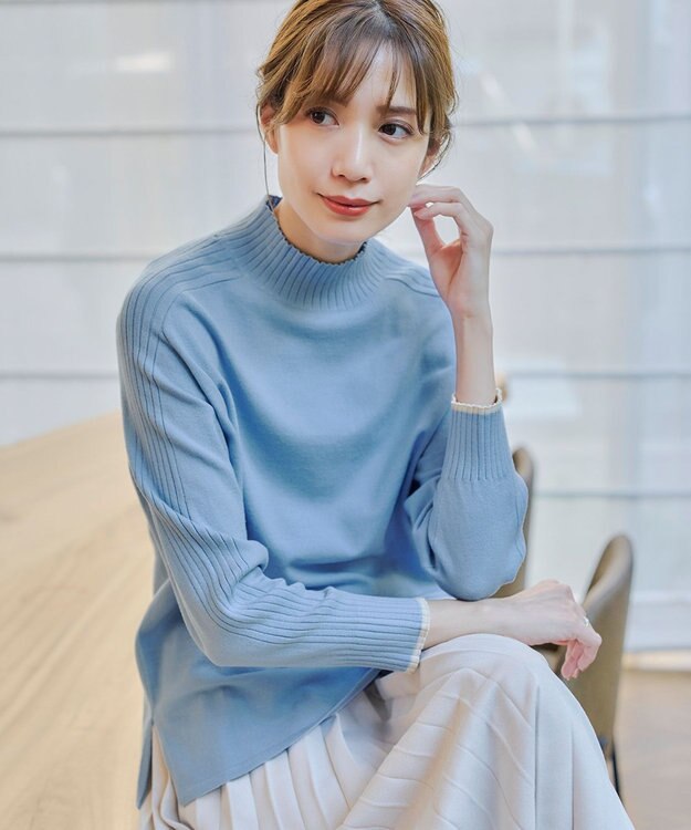 Tiaclasse L 【洗える】配色ハイネックニットトップス サックス