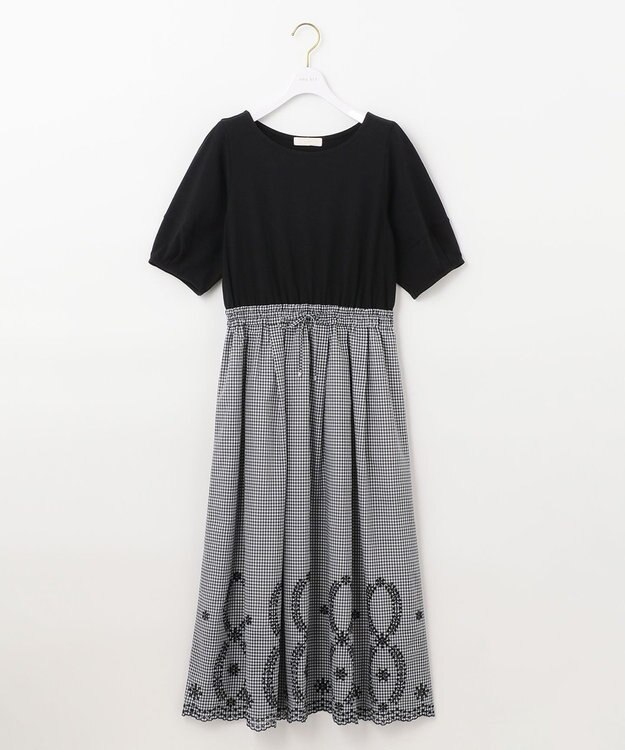 ANY SIS 【洗える】エンブロイダリーコンビ ワンピース ブラック×白黒ギンガム