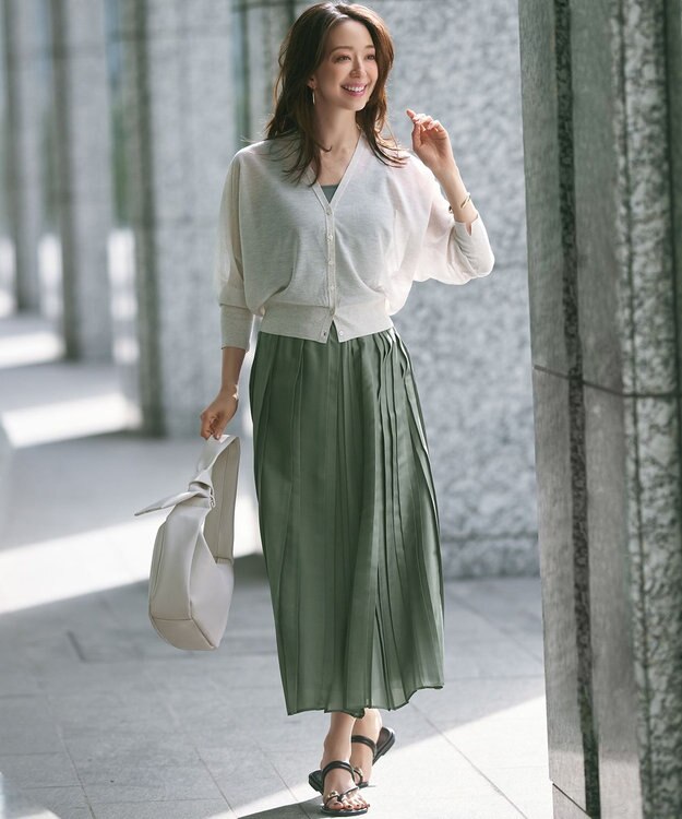 23区 【洗える】シアーコンビ プリーツ スカート カーキ系