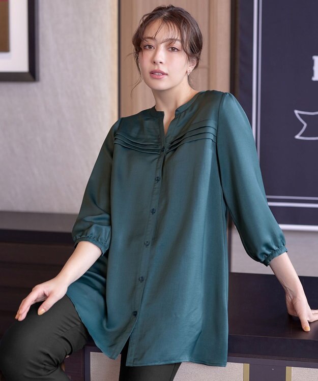 Tiaclasse L 【洗える】ヴィンテージサテンタックシャツチュニック ターコイズ