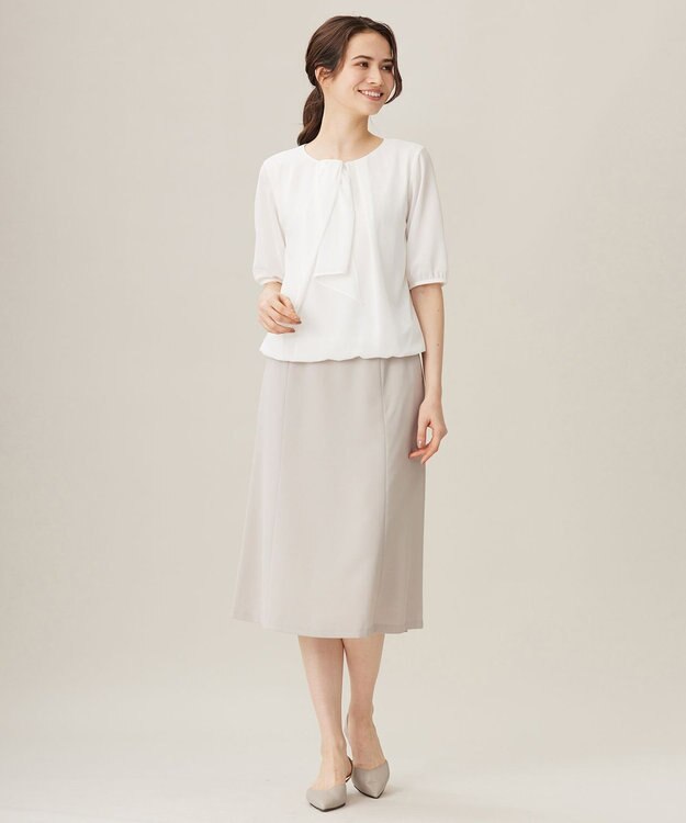 自由区 S 【洗える】ロイヤルシフォンドレープタイ半袖 ブラウス オフホワイト