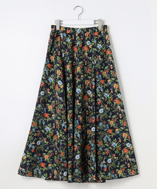 J.PRESS LADIES S スパンボタニカル プリント ロング フレア スカート ネイビー系