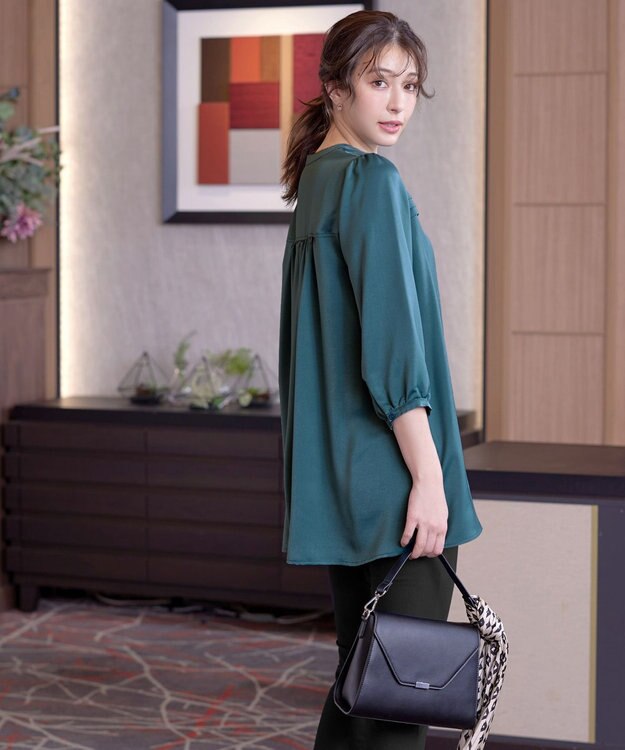 Tiaclasse L 【洗える】ヴィンテージサテンタックシャツチュニック ターコイズ