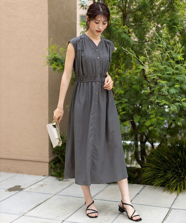 ANY SIS 【洗える】フロントボタンギャザー ワンピース スレート