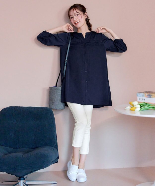 Tiaclasse L 【洗える】ヴィンテージサテンタックシャツチュニック ネイビー