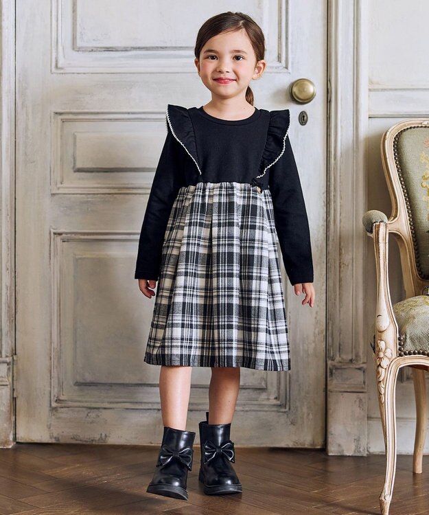 ANY KIDS チェック柄 ドッキング ワンピース ブラック×チェック