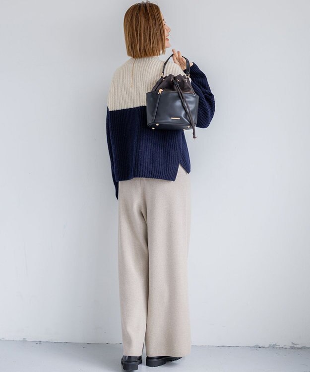 23区 S 【洗える】ウールカシミヤ カラーブロック バルキー ニット ライトベージュ×ネイビー