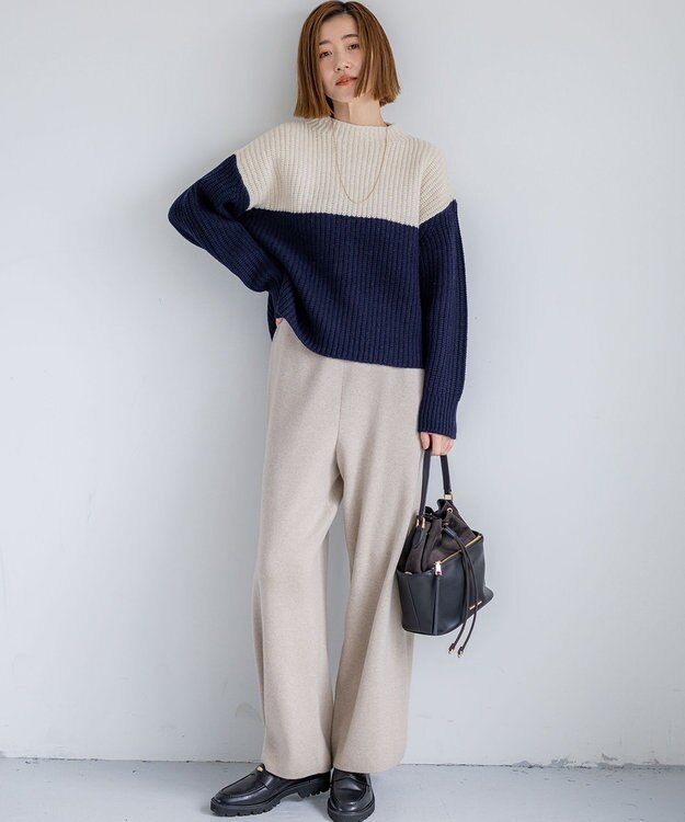 23区 S 【洗える】ウールカシミヤ カラーブロック バルキー ニット ライトベージュ×ネイビー