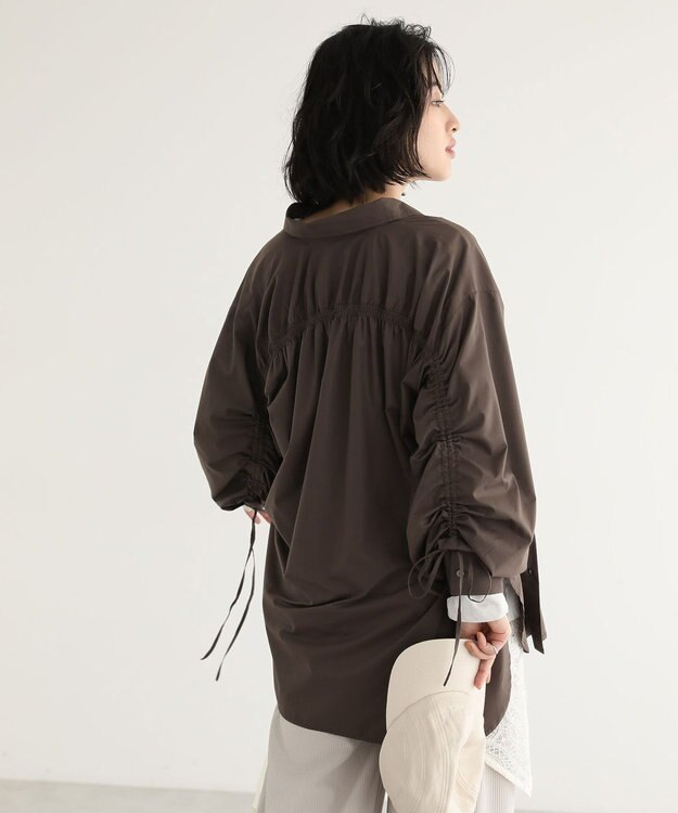 Green Parks イージーケア袖シャーリングシャツ Brown