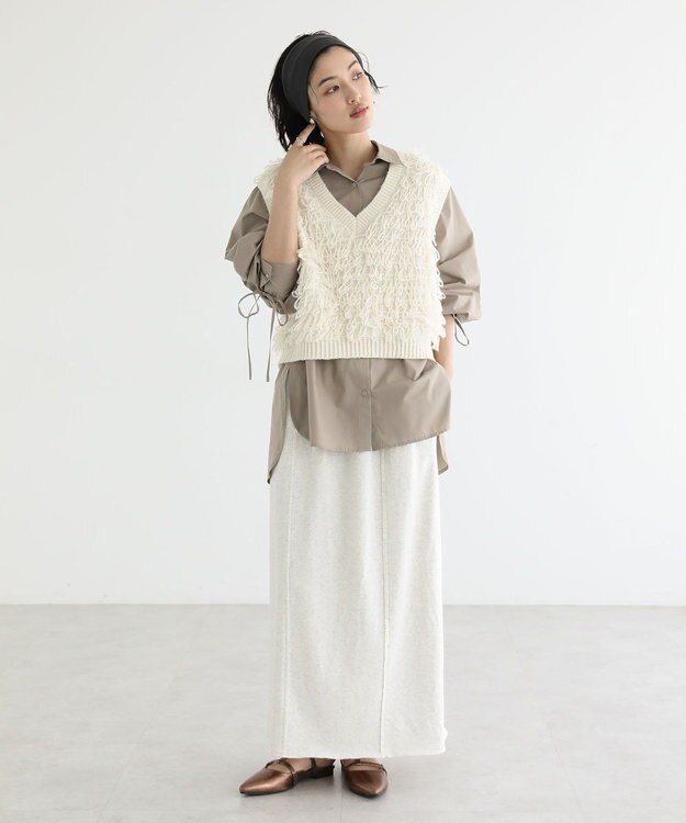 Green Parks イージーケア袖シャーリングシャツ Beige