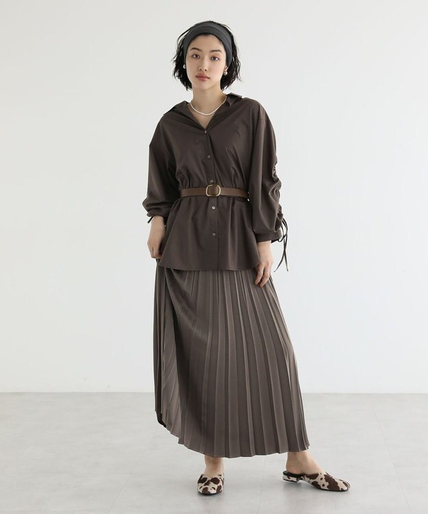 Green Parks イージーケア袖シャーリングシャツ Brown