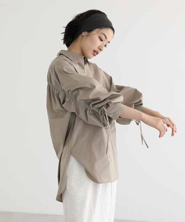 Green Parks イージーケア袖シャーリングシャツ Beige