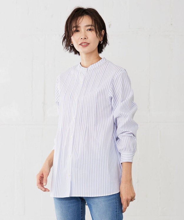 J.PRESS LADIES 【洗える】 BEZ VEGA ピンタック ストライプ ブラウス ネイビー系1