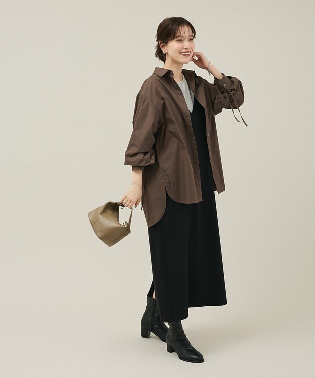 Green Parks イージーケア袖シャーリングシャツ Brown