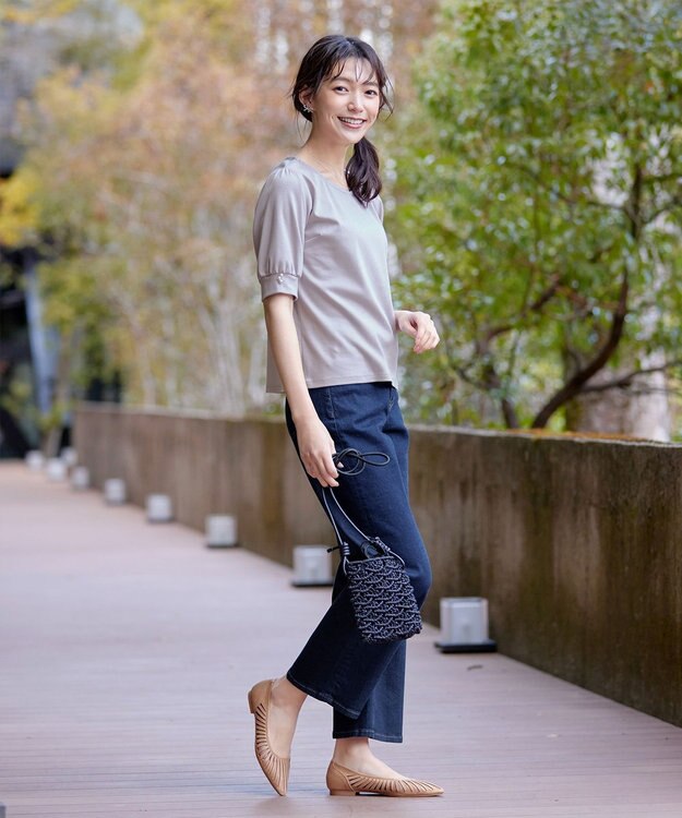 Tiaclasse L 【小倉優子さん着用・洗える・接触冷感・汗ジミ防止】“サマさまカットソー”パール付きパフスリーブトップス グレージュ