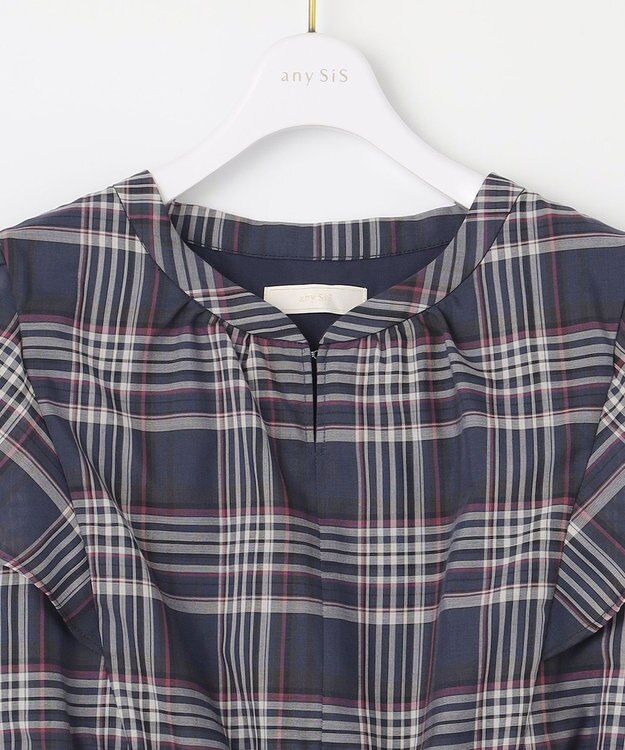 ANY SIS 【洗える】シアーチェック ワンピース ネイビー系