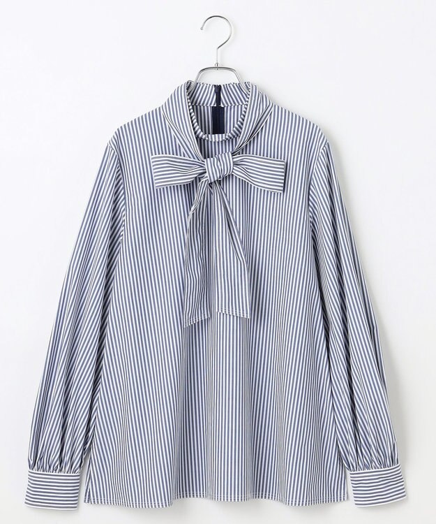 #Newans 【洗濯機可】ステッチデザインリボンタイブラウス ネイビーストライプ