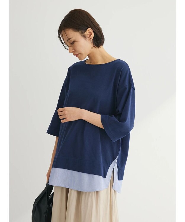 Green Parks 裾ドッキングレイヤー風７分袖プルオーバー Navy