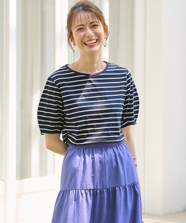 ANY SIS 【汗ジミ防止・UVケア】アーモンドスリーブ カットソー ネイビーボーダー