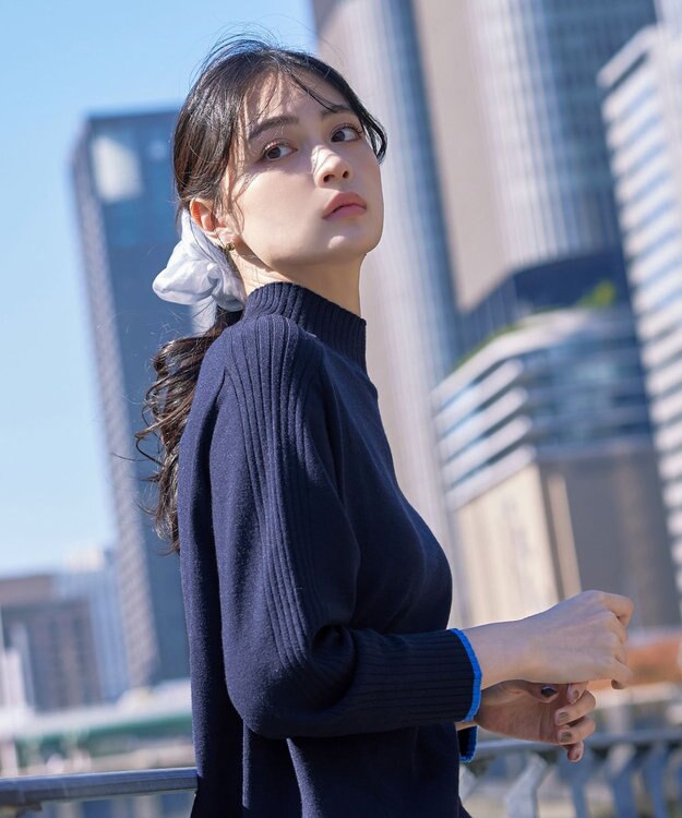 Tiaclasse 【洗える】配色ハイネックニットトップス ネイビー