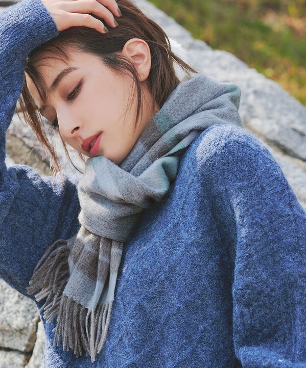 Tiaclasse 【ウール100%】フリンジ付きマフラー ブルーチェック