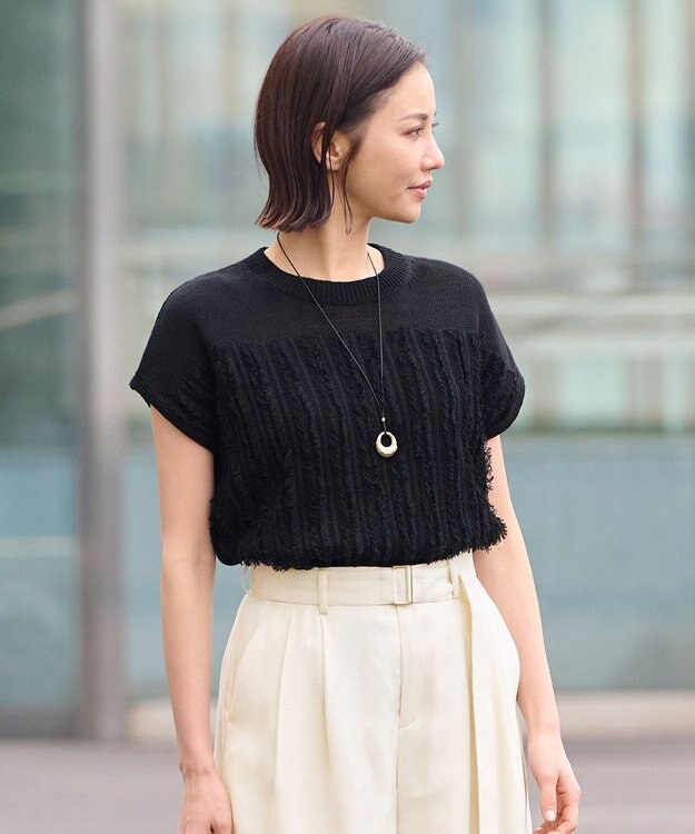 自由区 【XSサイズ～】リネンフリンジディテールフレンチスリーブ ニット ブラック系