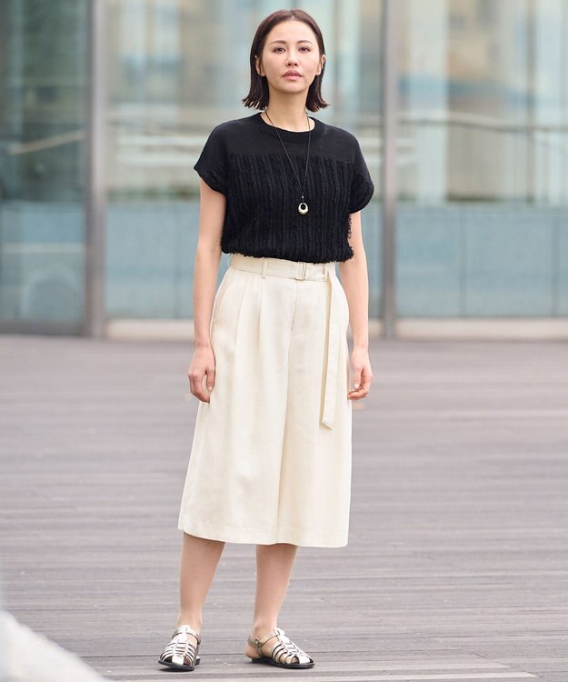 自由区 【XSサイズ～】リネンフリンジディテールフレンチスリーブ ニット ブラック系