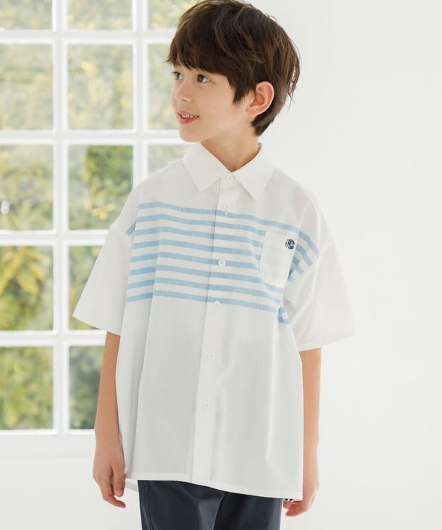 J.PRESS KIDS 【110-130cm】TCブロード パネルボーダープリント シャツ アイボリー系