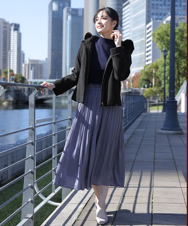 Tiaclasse L 【洗える】配色ハイネックニットトップス ネイビー