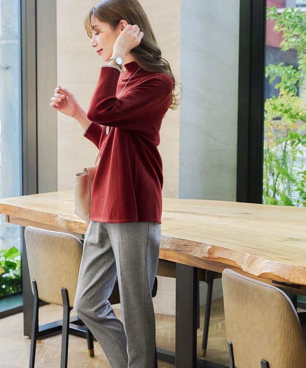 Tiaclasse L 【洗える】配色ハイネックニットトップス レッド