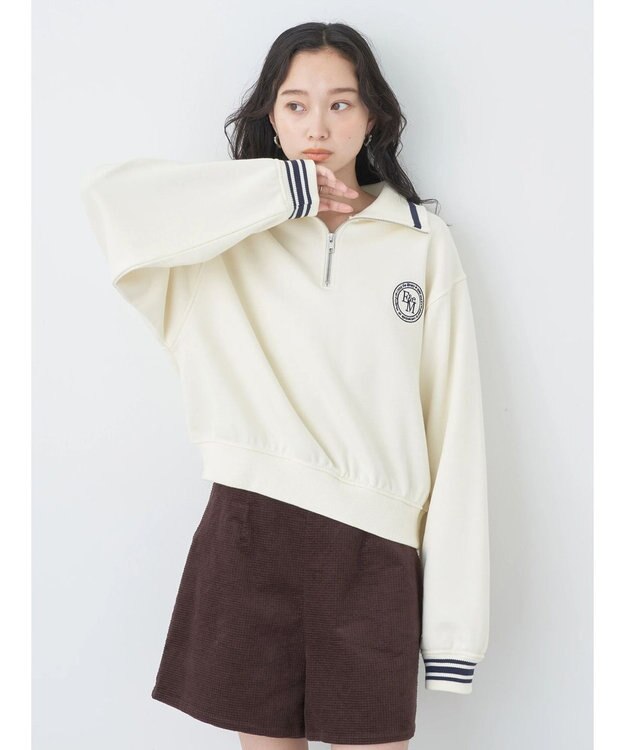 earth music&ecology ハーフＺＩＰサークルロゴ刺繍裏毛プルオーバー Off White