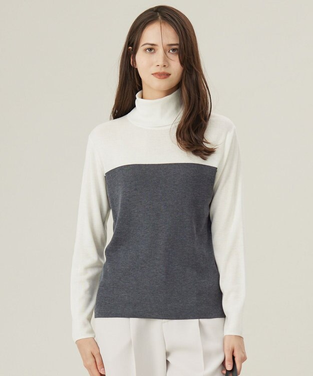 自由区 L 【洗える】シルクウールリブタートルネック ニット オフ×グレー