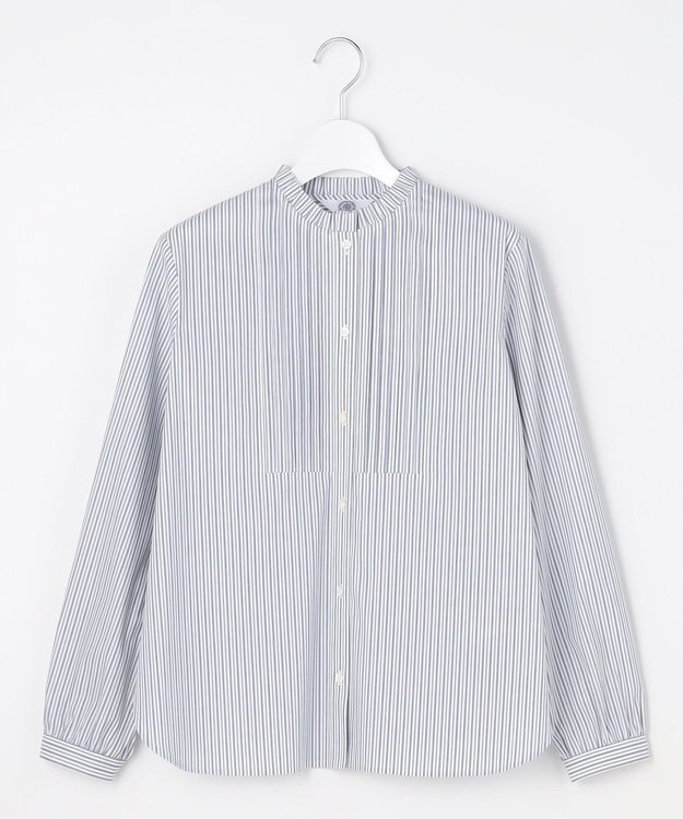 J.PRESS LADIES BEZコットンナイロン ストライプ フリル襟 ブラウス ホワイト×ネイビー系