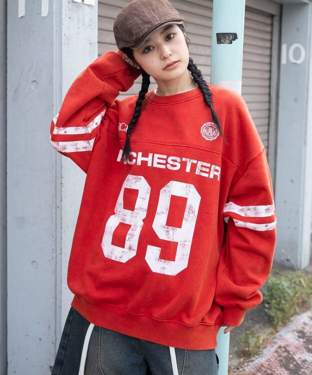 WEGO 【ユニセックス着用ITEM】ケミカルウォッシュナンバリングプルオーバー レッド