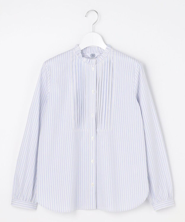 J.PRESS LADIES BEZコットンナイロン ストライプ フリル襟 ブラウス ホワイト×サックス系