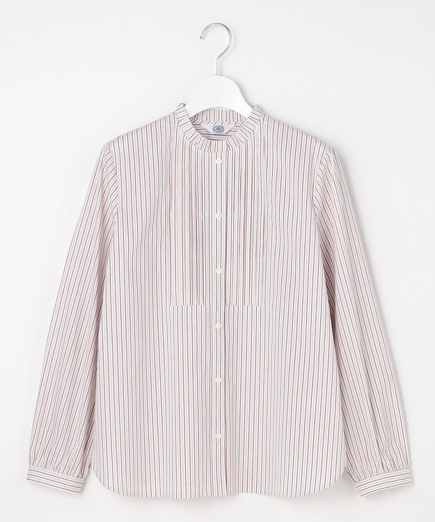 J.PRESS LADIES BEZコットンナイロン ストライプ フリル襟 ブラウス ホワイト×グレー系