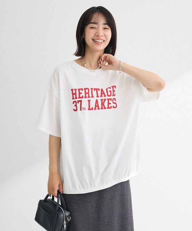 Green Parks カレッジロゴ刺繍５分袖チュニック Off White