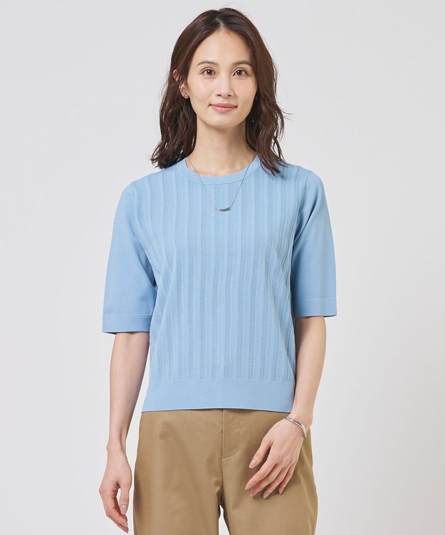 J.PRESS LADIES Rayon Elite Stretch クルーネック ニット サックスブルー系