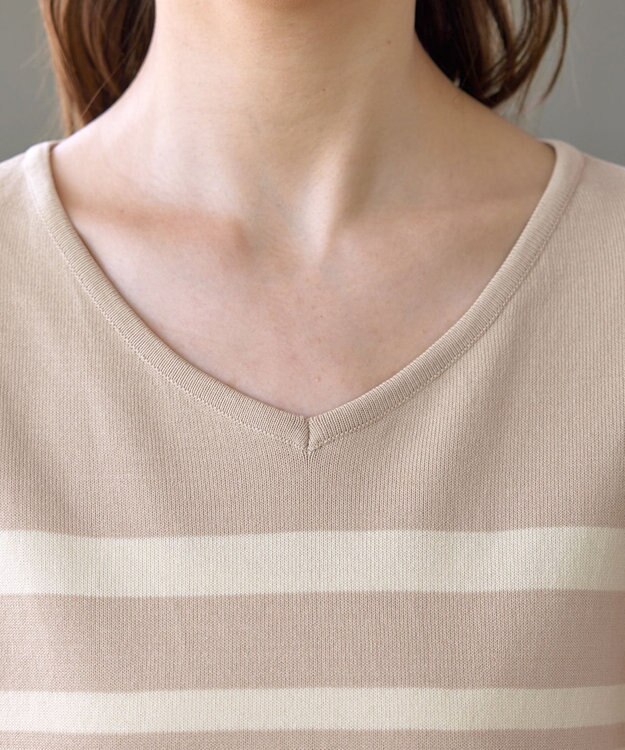 Tiaclasse L 【洗える】マルチボーダーフレンチスリーブニット ベージュ×アイボリー