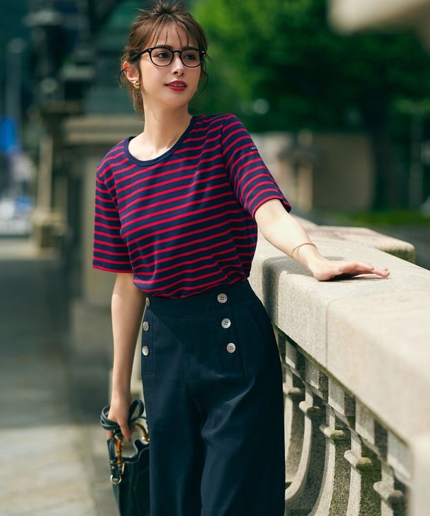 23区 L 【洗える】リネンヴィスコースストレッチ マリンパンツ ネイビー系