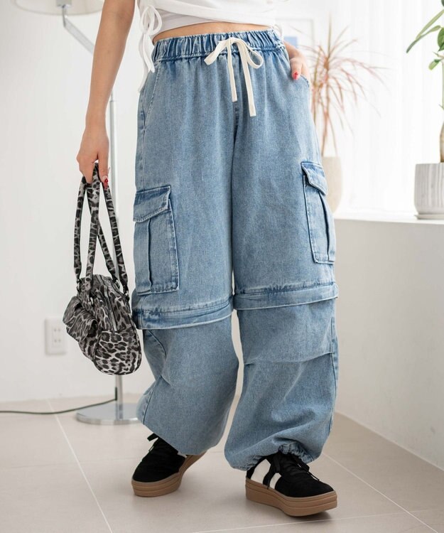 WEGO 【ウエストゴム/2WAY】2WAYデニムカーゴパンツ デニム淡加工色