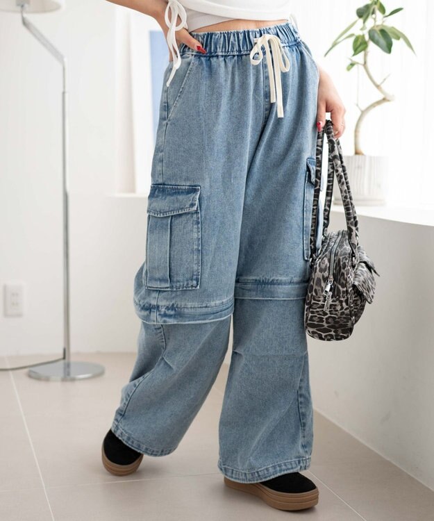 WEGO 【ウエストゴム/2WAY】2WAYデニムカーゴパンツ デニム淡加工色