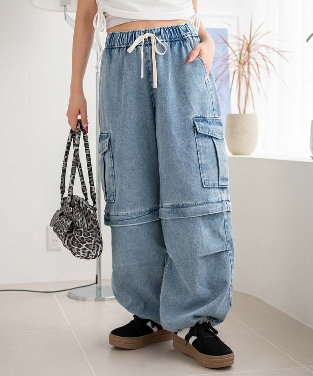 WEGO 【ウエストゴム/2WAY】2WAYデニムカーゴパンツ デニム淡加工色