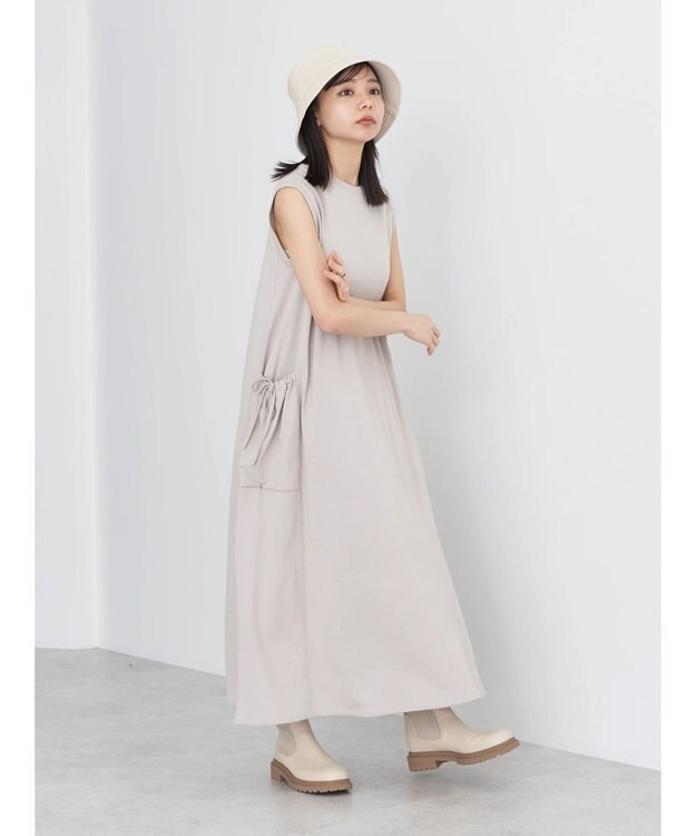 earth music&ecology ギャザーポケットノースリーブワンピース Gray Beige