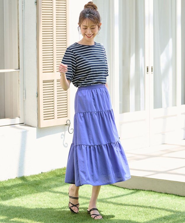 ANY SIS 【汗ジミ防止・UVケア】アーモンドスリーブ カットソー ネイビーボーダー