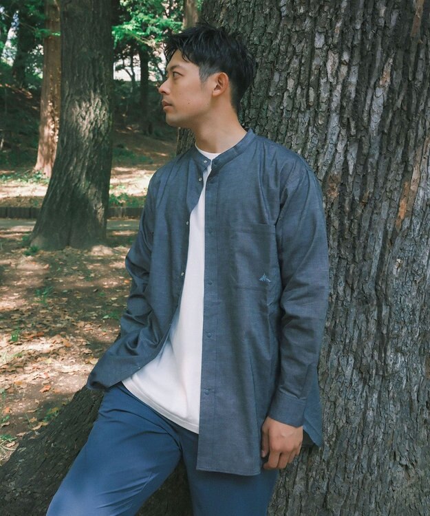 SHARE PARK MENS 【UVカット・撥水・ストレッチ】イージーデニムノーカラーシャツ ネイビー系