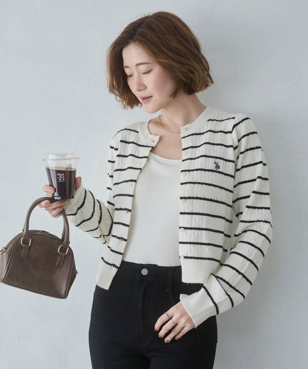 WEGO 【26年春新作】別注USPOLOケーブルニットカーデ ホワイトボーダー