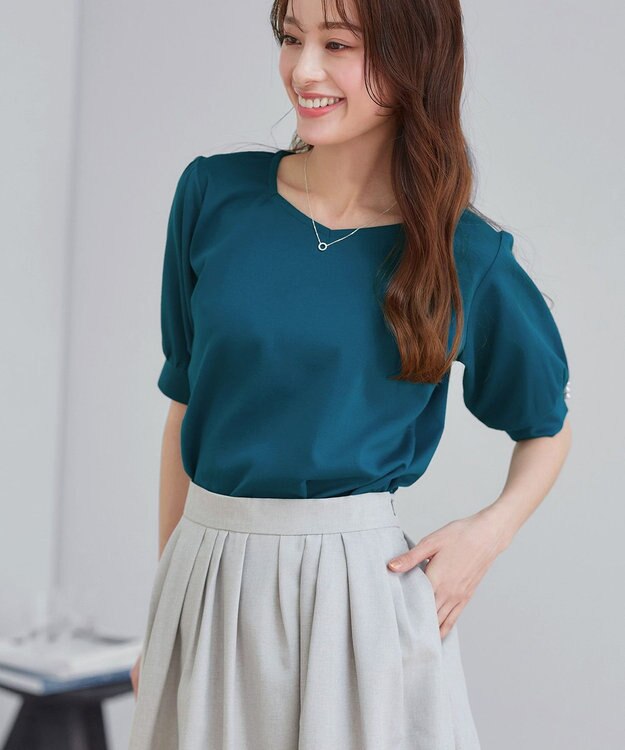 Tiaclasse 「サマさまカットソー」パール付きパフスリーブトップス ターコイズ